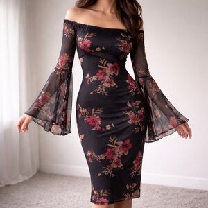 GUESS Floral Mesh Midi Dress Off Shoulder Bell Sleeve Sheer Y2K Bodycon M